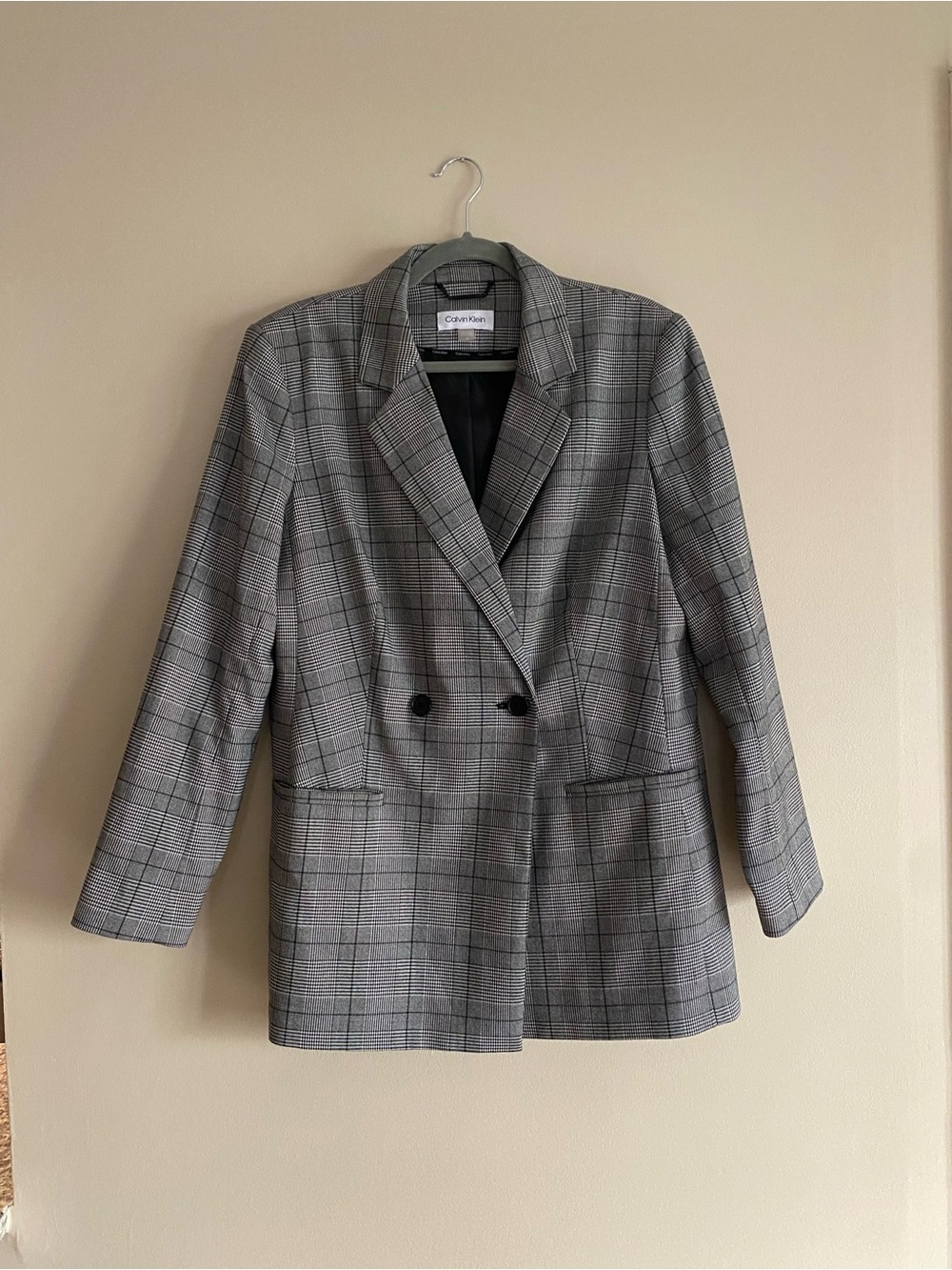 Calvin Klein Black and Gray Plaid Double-Breasted Blazer
